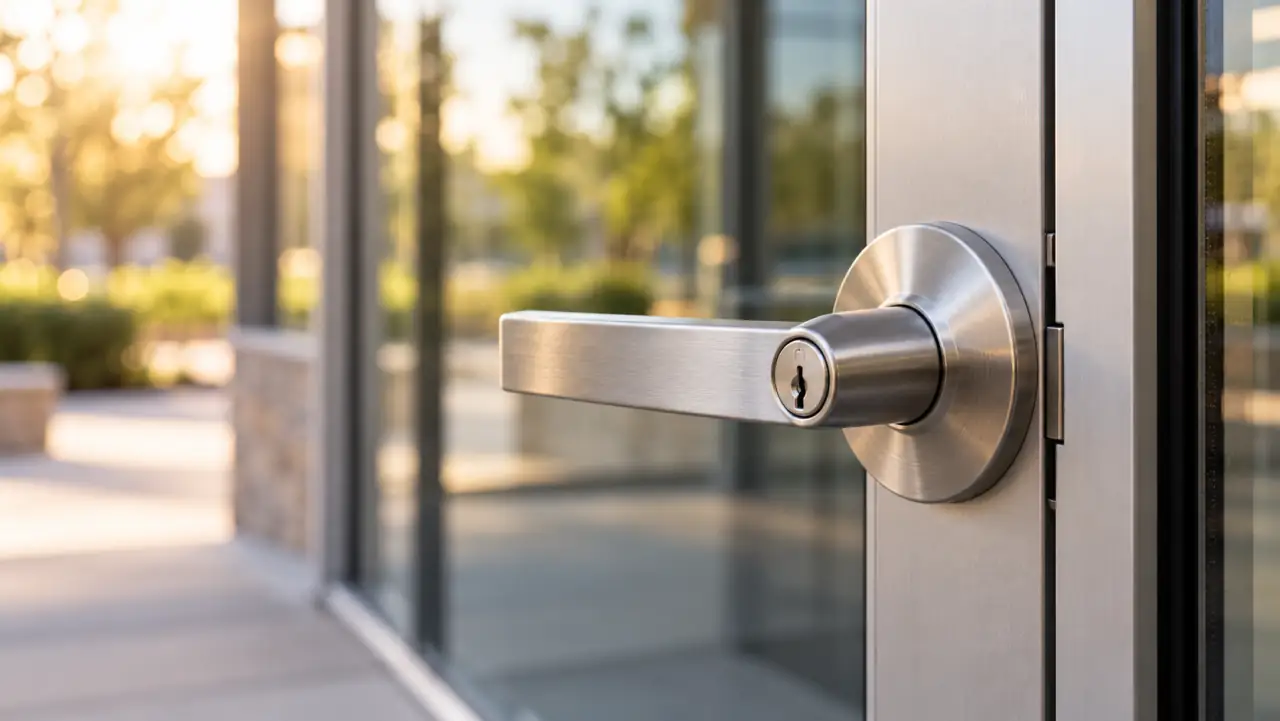 Commercial lever lockset on a storefront door