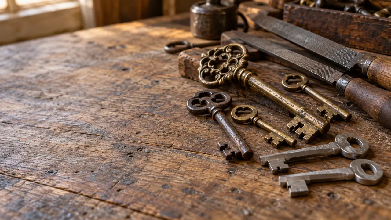 Antique skeleton keys and hand files on a workbench