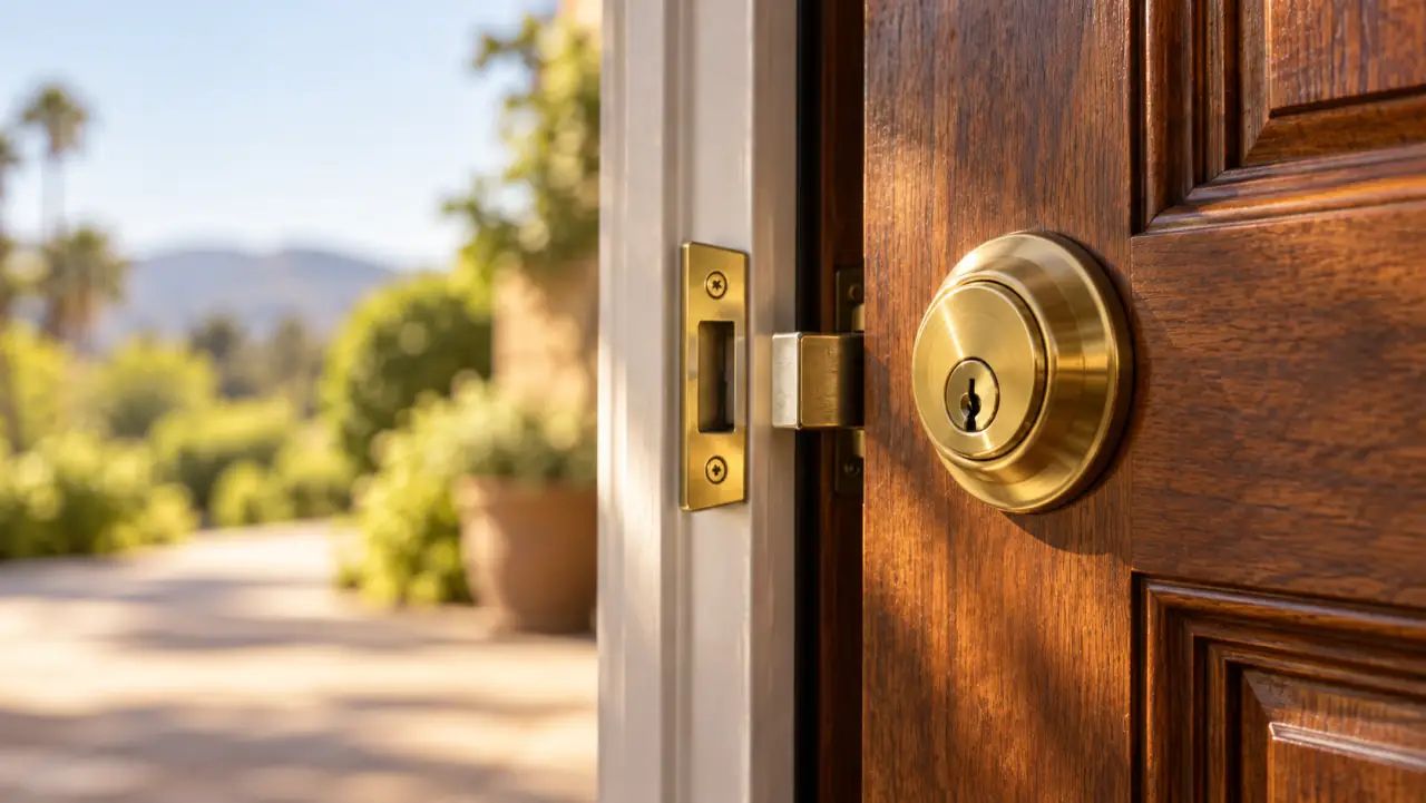 Brass deadbolt on a wooden front door