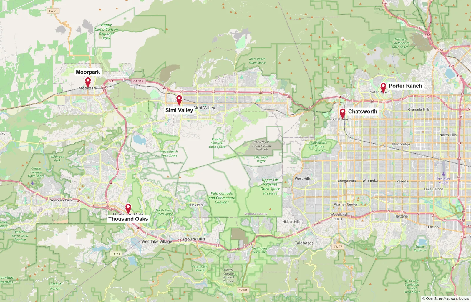 Map of the Lock Specialists service area with pins on Simi Valley, Moorpark, Thousand Oaks, Chatsworth, and Porter Ranch